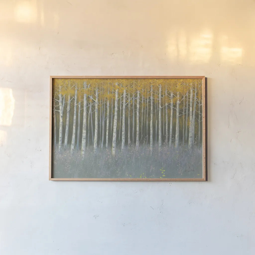 Forest Dusk by James Wiens. shown as a paper print in a natural frame. Available as a archival giclee rolled canvas, fine art paper, or poster print. SKU 72629i.