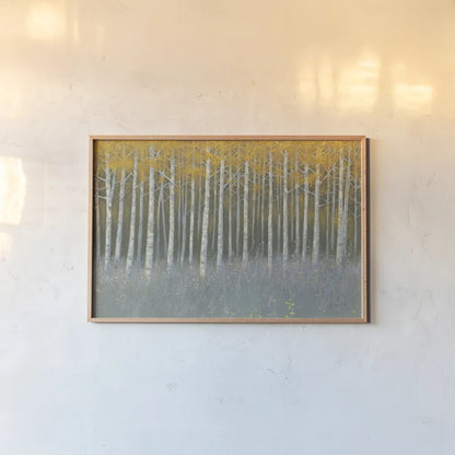 Forest Dusk by James Wiens. shown as a paper print in a natural frame. Available as a archival giclee rolled canvas, fine art paper, or poster print. SKU 72629i.