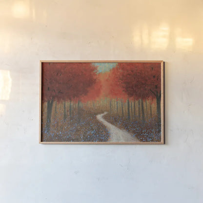Forest Pathway by James Wiens. shown as a paper print in a natural frame. Available as a archival giclee rolled canvas, fine art paper, or poster print. SKU 20463i.