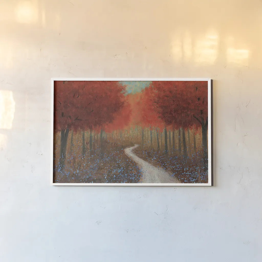 Forest Pathway by James Wiens. shown as a paper print in a white frame. Available as a archival giclee rolled canvas, fine art paper, or poster print. SKU 20463i.