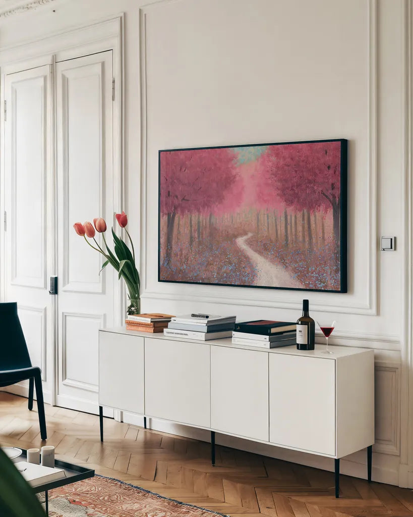 Forest Pathway Spring by James Wiens. shown as a framed stretched canvas in a living room above a console. Available as a archival giclee rolled canvas, fine art paper, or poster print. SKU 28272i.