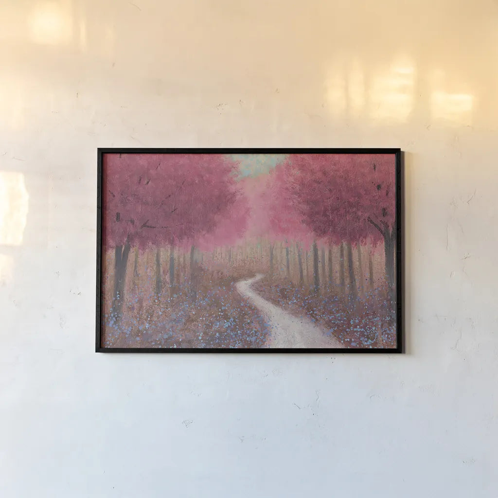 Forest Pathway Spring by James Wiens. shown as a paper print in a black flame. Available as a archival giclee rolled canvas, fine art paper, or poster print. SKU 28272i.