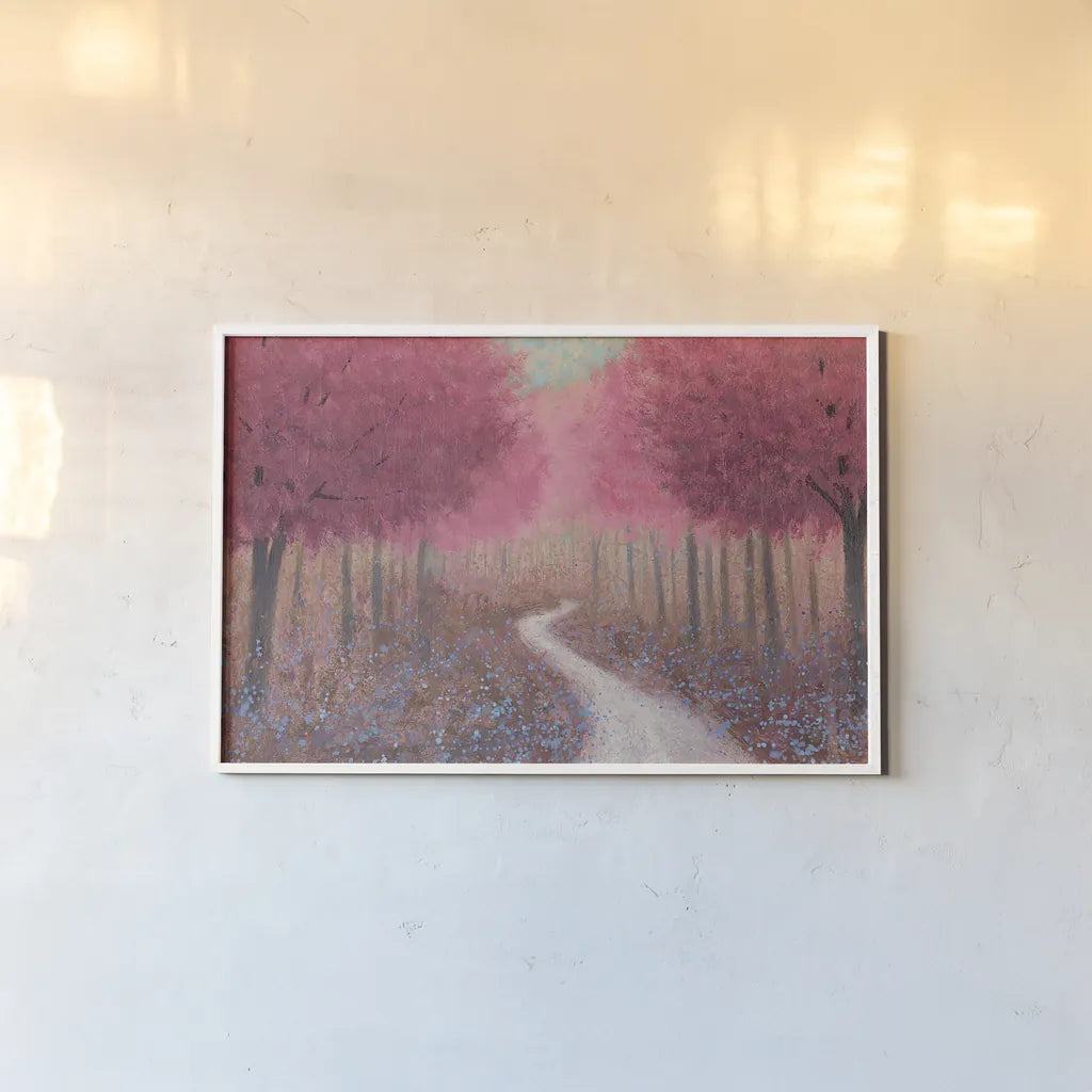 Forest Pathway Spring by James Wiens. shown as a paper print in a white frame. Available as a archival giclee rolled canvas, fine art paper, or poster print. SKU 28272i.