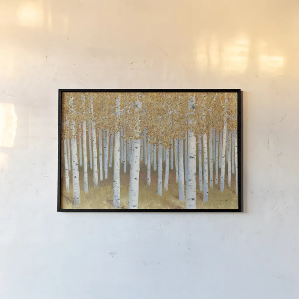 Forest of Gold by James Wiens. shown as a paper print in a black flame. Available as a archival giclee rolled canvas, fine art paper, or poster print. SKU 70217i.