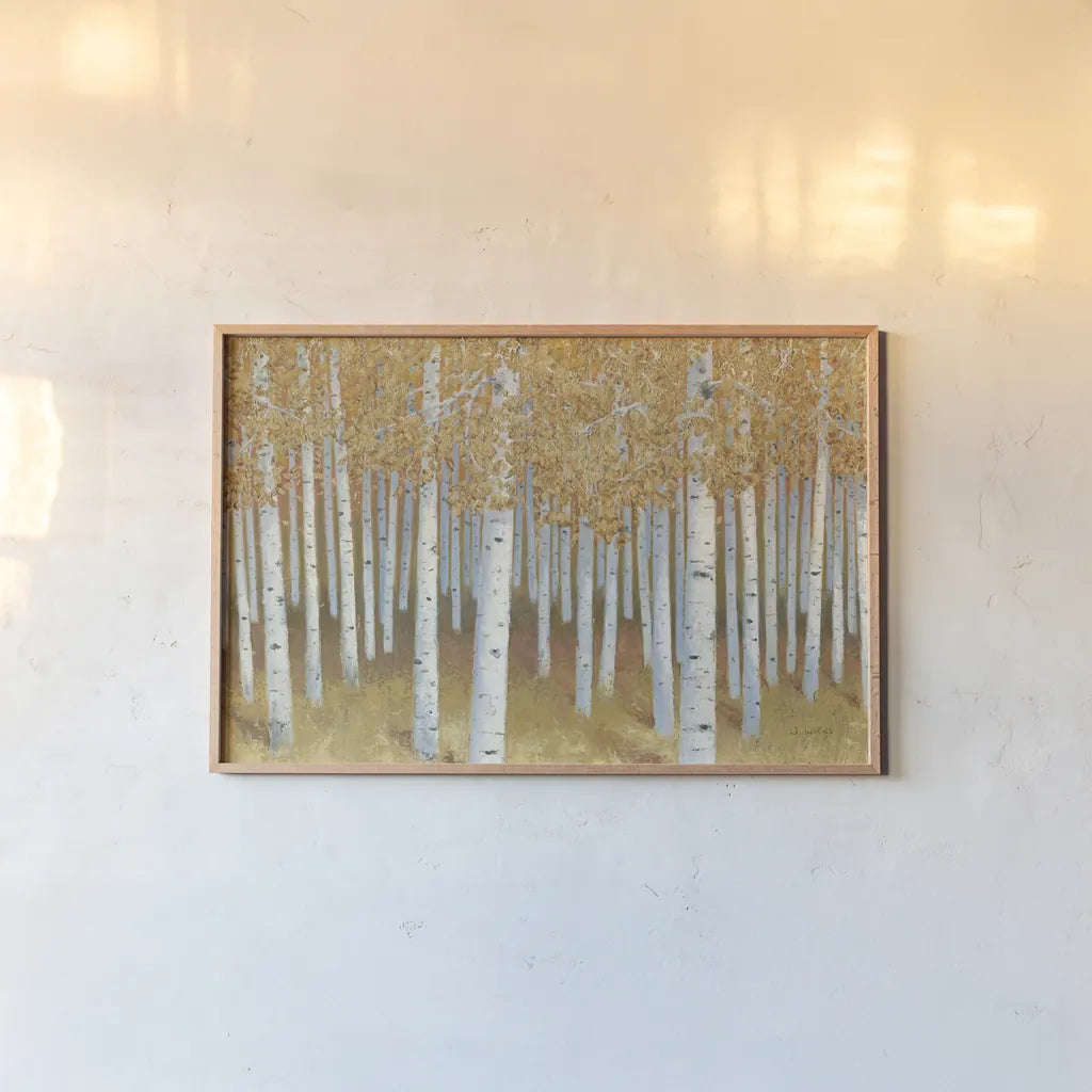 Forest of Gold by James Wiens. shown as a paper print in a natural frame. Available as a archival giclee rolled canvas, fine art paper, or poster print. SKU 70217i.