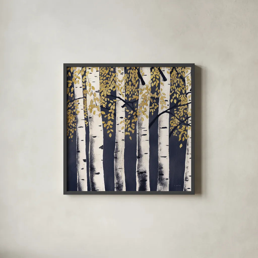Fresh Forest Indigo II by James Wiens. Shown in a sleek black glass frame for a contemporary gallery look. Available as an archival giclee rolled canvas, fine art paper, or poster print. SKU 56166a.