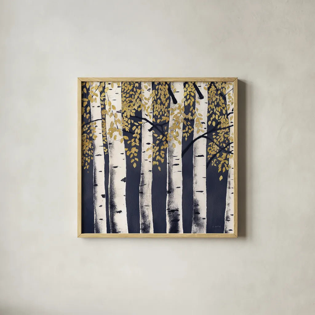Fresh Forest Indigo II by James Wiens. Shown in a natural wood glass frame for a timeless modern aesthetic. Available as an archival giclee rolled canvas, fine art paper, or poster print. SKU 56166a.