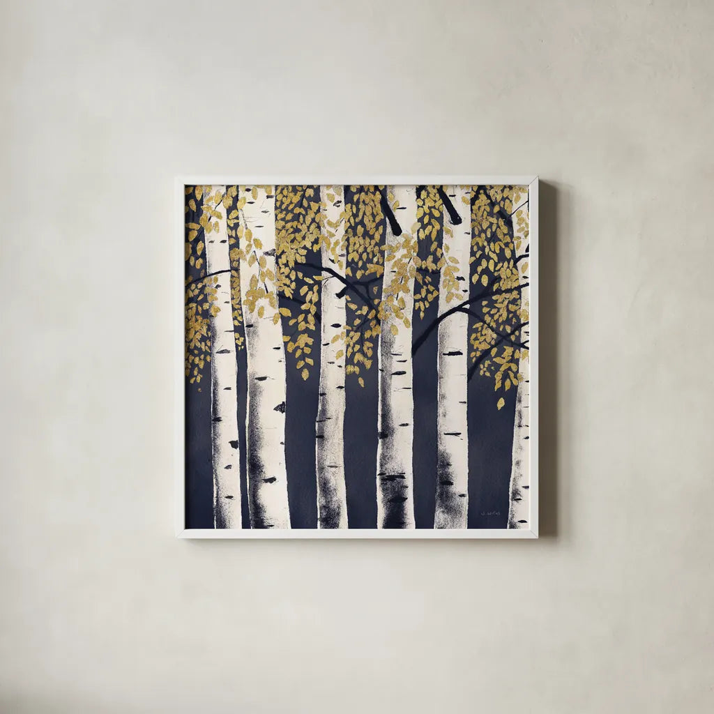 Fresh Forest Indigo II by James Wiens. Shown in a crisp white glass frame for a clean and minimalist style. Available as an archival giclee rolled canvas, fine art paper, or poster print. SKU 56166a.