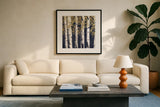 Fresh Forest Indigo II by James Wiens. Displayed in a glass frame with matte in a clean modern living room. Available as an archival giclee rolled canvas, fine art paper, or poster print. SKU 56166a.