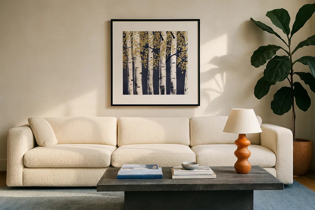 Fresh Forest Indigo II by James Wiens. Displayed in a glass frame with matte in a clean modern living room. Available as an archival giclee rolled canvas, fine art paper, or poster print. SKU 56166a.