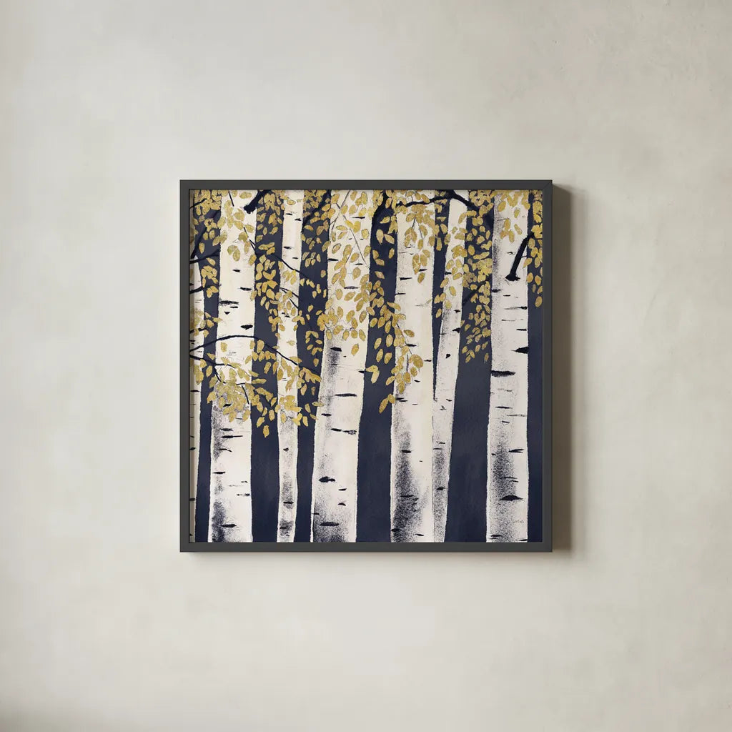 Fresh Forest Indigo III by James Wiens. Shown in a sleek black glass frame for a contemporary gallery look. Available as an archival giclee rolled canvas, fine art paper, or poster print. SKU 56167a.