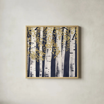 Fresh Forest Indigo III by James Wiens. Shown in a natural wood glass frame for a timeless modern aesthetic. Available as an archival giclee rolled canvas, fine art paper, or poster print. SKU 56167a.