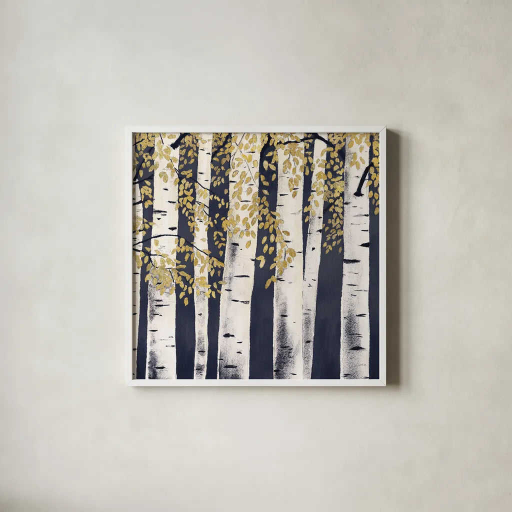 Fresh Forest Indigo III by James Wiens. Shown in a crisp white glass frame for a clean and minimalist style. Available as an archival giclee rolled canvas, fine art paper, or poster print. SKU 56167a.