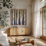 Fresh Forest Indigo III by James Wiens. Shown in a natural wood frame in a cozy modern living room. Available as an archival giclee rolled canvas, fine art paper, or poster print. SKU 56167a.