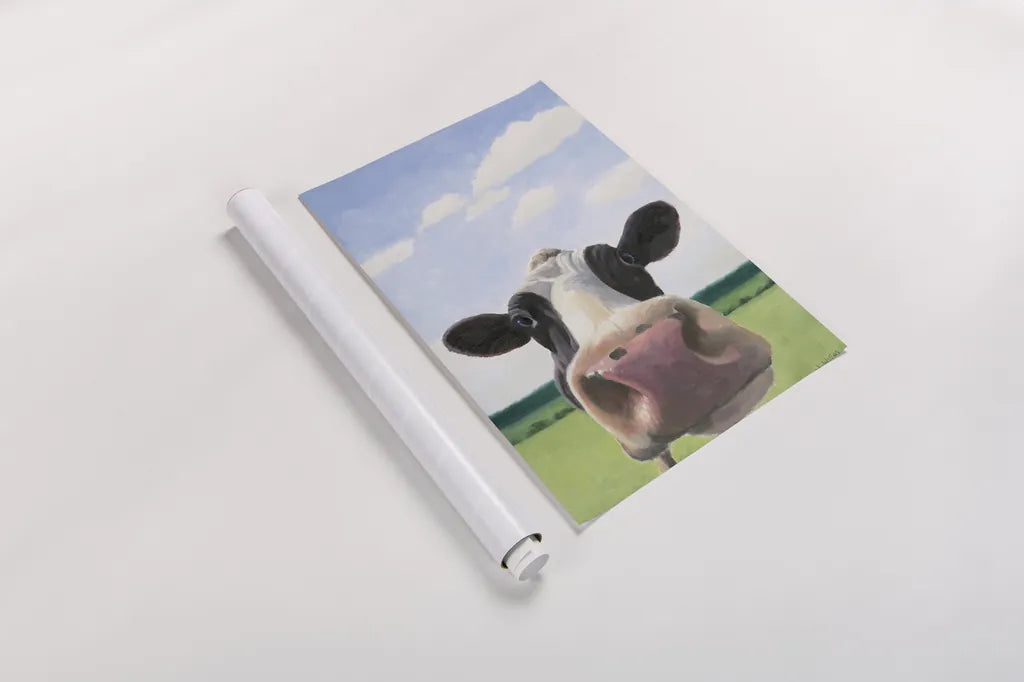Funny Cow by James Wiens. shown as a rolled paper print. Available as archival giclee rolled canvas, fine art paper, or poster print. SKU 76092h.