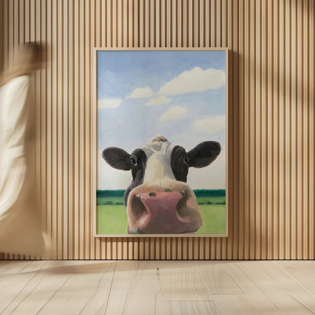 Funny Cow by James Wiens. shown as over sized large wall art. Available as an archival giclee rolled canvas, fine art paper, or poster print. SKU 76092h.