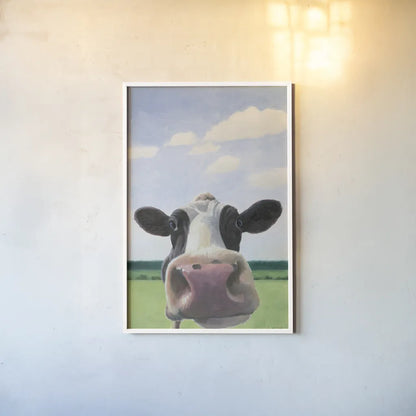 Funny Cow by James Wiens. shown as a paper print in a white frame. Available as a archival giclee rolled canvas, fine art paper, or poster print. SKU 76092h.
