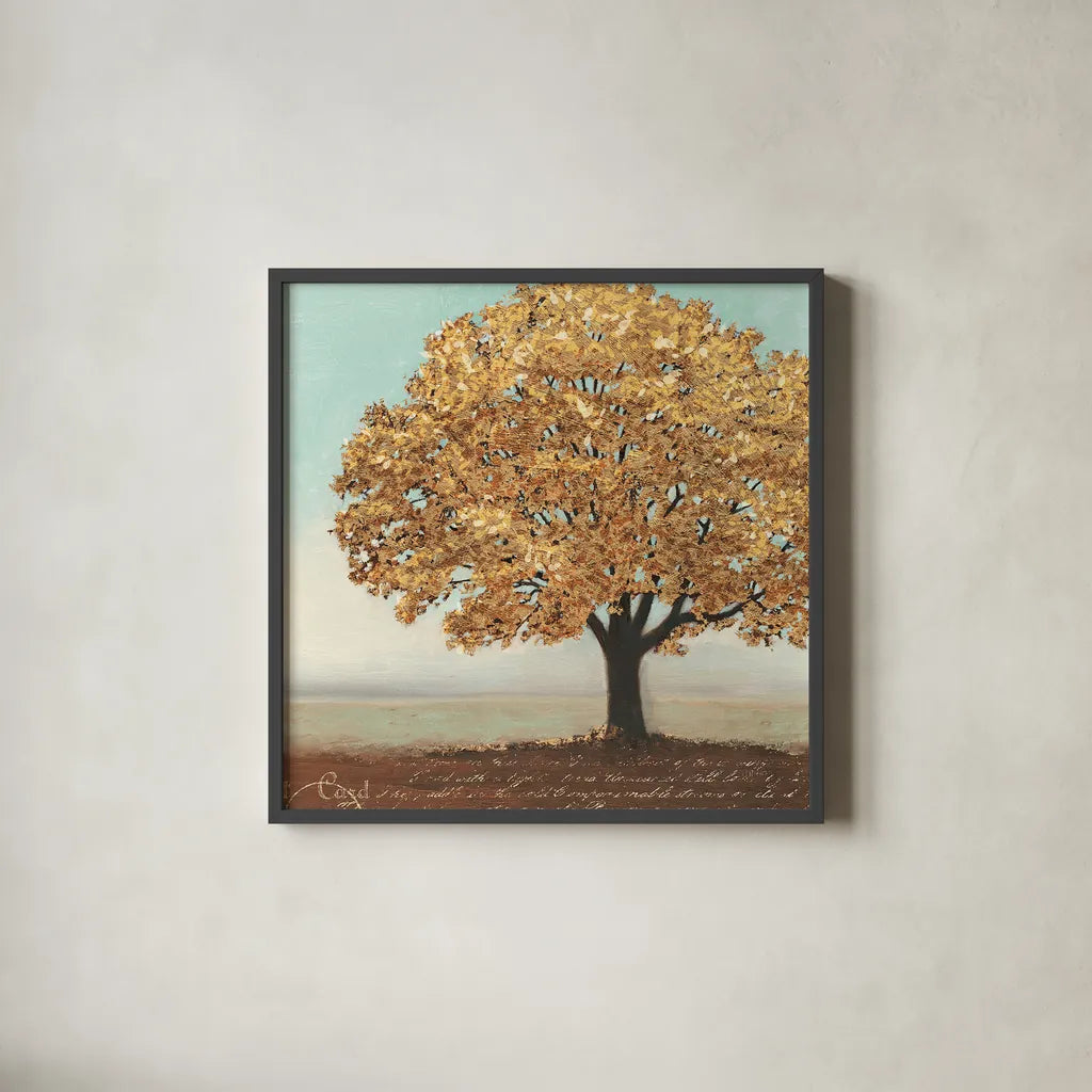 Gold Reflections I by James Wiens. Shown in a sleek black glass frame for a contemporary gallery look. Available as an archival giclee rolled canvas, fine art paper, or poster print. SKU 17420a.