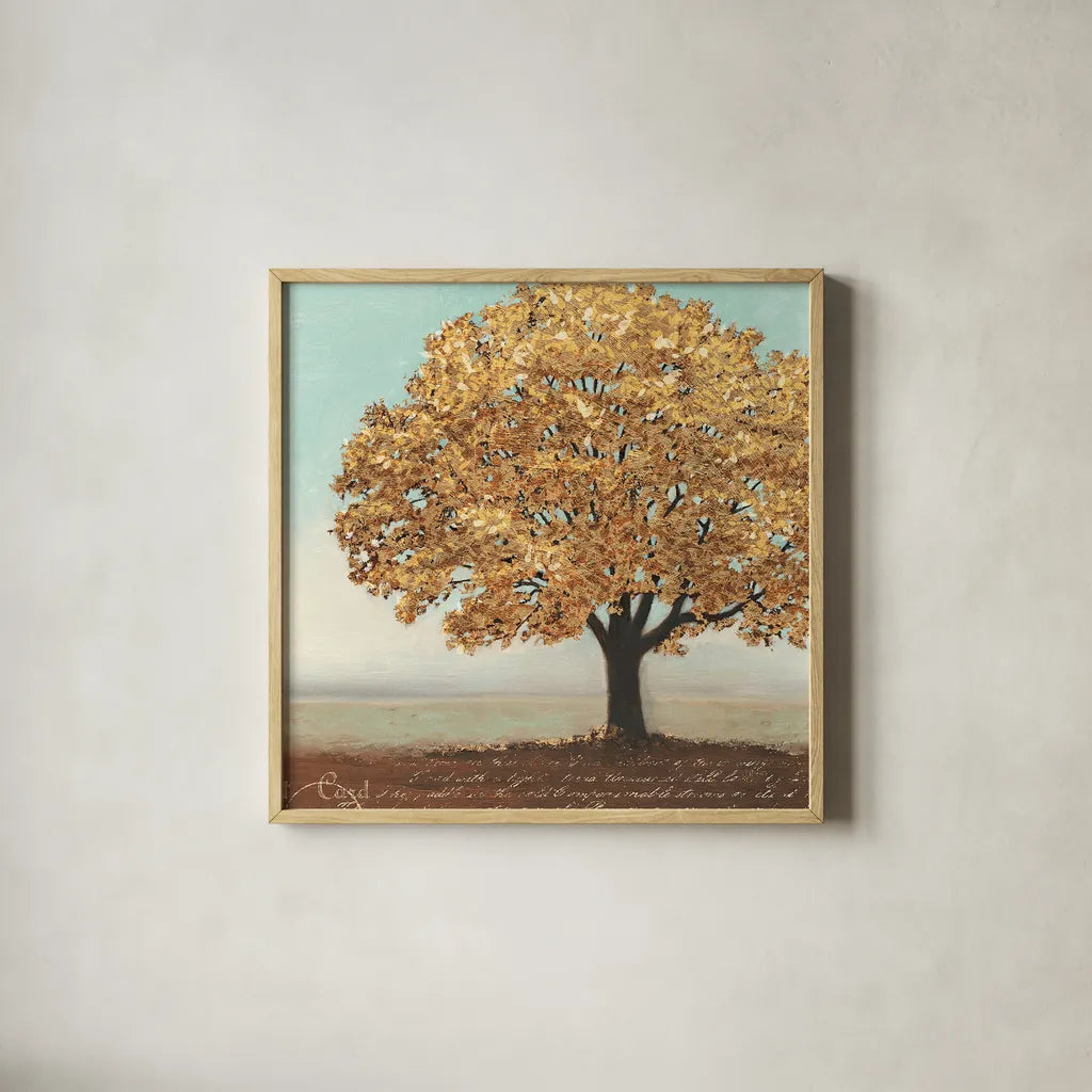 Gold Reflections I by James Wiens. Shown in a natural wood glass frame for a timeless modern aesthetic. Available as an archival giclee rolled canvas, fine art paper, or poster print. SKU 17420a.