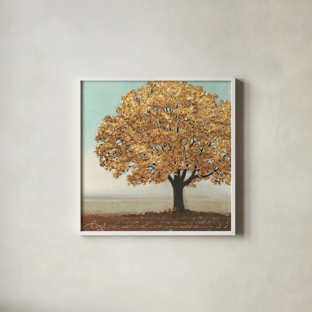 Gold Reflections I by James Wiens. Shown in a crisp white glass frame for a clean and minimalist style. Available as an archival giclee rolled canvas, fine art paper, or poster print. SKU 17420a.