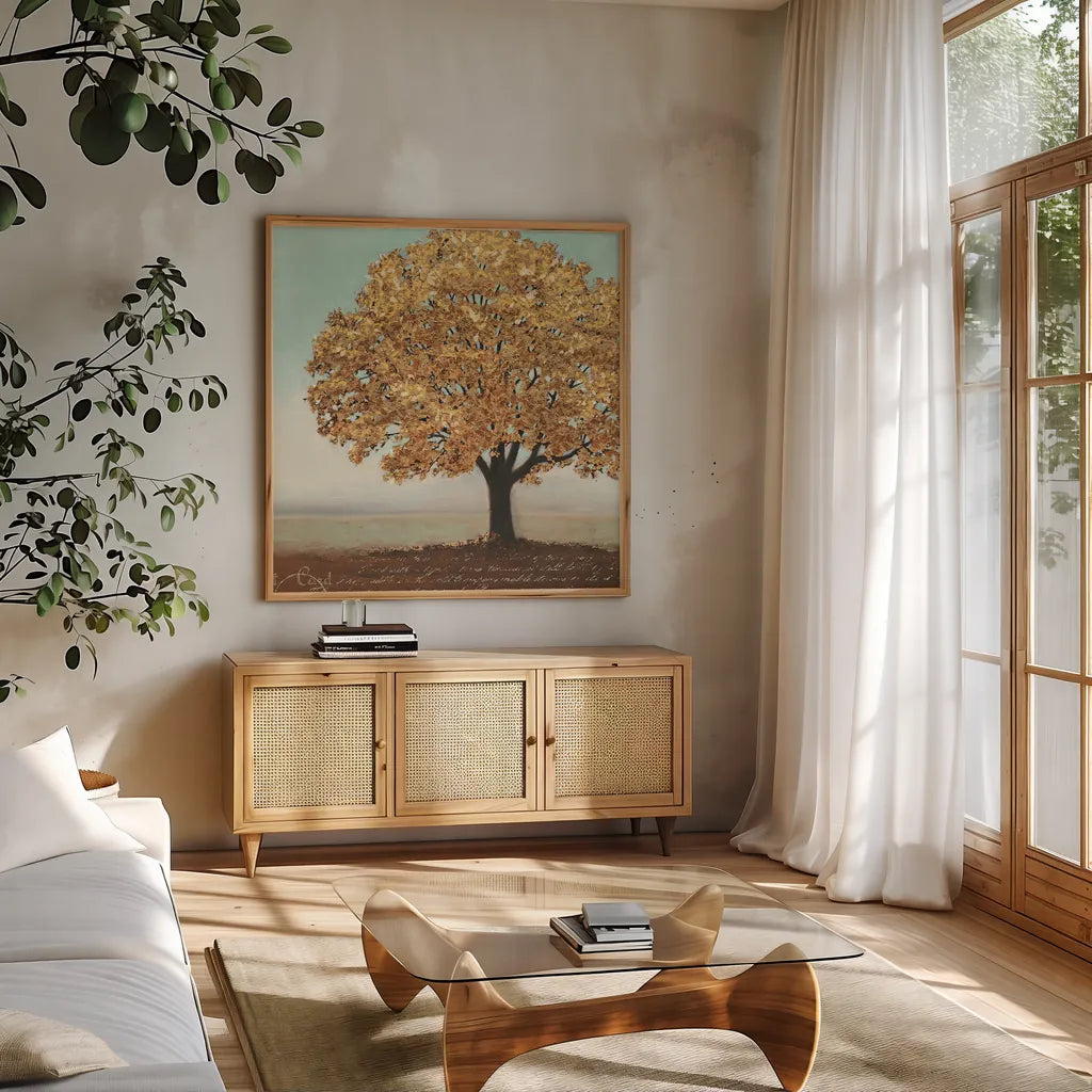 Gold Reflections I by James Wiens. Shown in a natural wood frame in a cozy modern living room. Available as an archival giclee rolled canvas, fine art paper, or poster print. SKU 17420a.