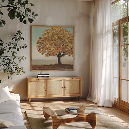Gold Reflections I by James Wiens. Shown in a natural wood frame in a cozy modern living room. Available as an archival giclee rolled canvas, fine art paper, or poster print. SKU 17420a.