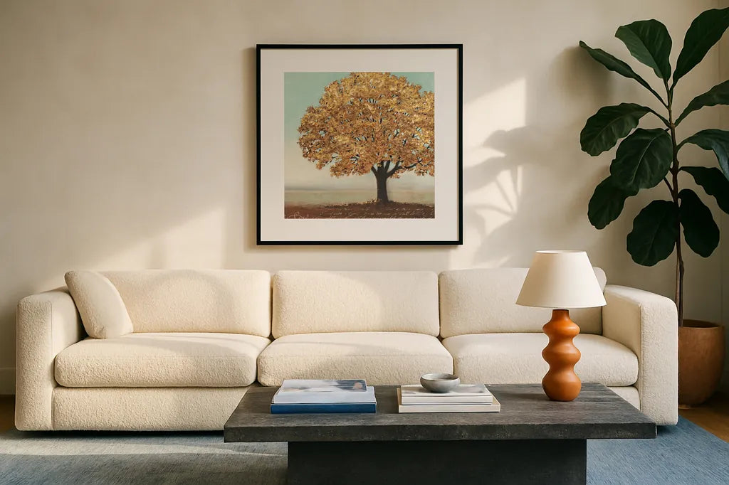 Gold Reflections I by James Wiens. Displayed in a glass frame with matte in a clean modern living room. Available as an archival giclee rolled canvas, fine art paper, or poster print. SKU 17420a.