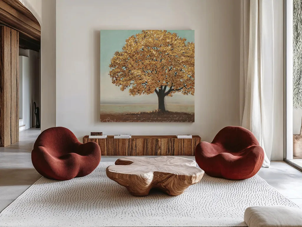 Gold Reflections I by James Wiens. Shown as extra-large giant wall art in a modern living room. Available as an archival giclee rolled canvas, fine art paper, or poster print. SKU 17420a.