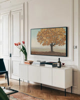Gold Reflections I Landscape by James Wiens. shown as a framed stretched canvas in a living room above a console. Available as a archival giclee rolled canvas, fine art paper, or poster print. SKU 20471i.