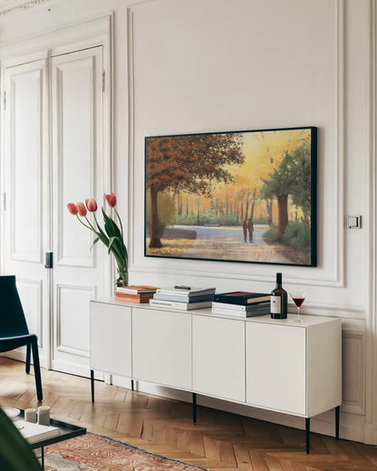 Golden Autumn Stroll by James Wiens. shown as a framed stretched canvas in a living room above a console. Available as a archival giclee rolled canvas, fine art paper, or poster print. SKU 33148i.