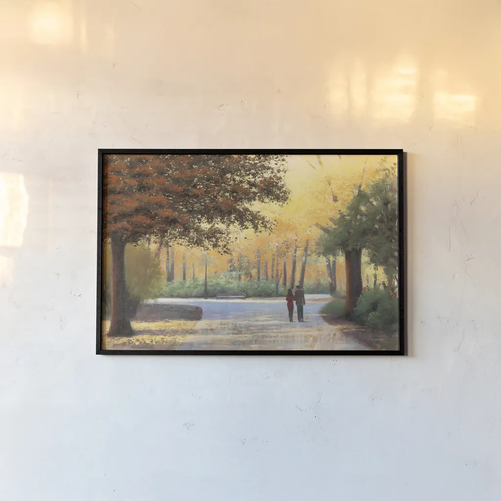 Golden Autumn Stroll by James Wiens. shown as a paper print in a black flame. Available as a archival giclee rolled canvas, fine art paper, or poster print. SKU 33148i.
