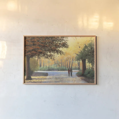 Golden Autumn Stroll by James Wiens. shown as a paper print in a natural frame. Available as a archival giclee rolled canvas, fine art paper, or poster print. SKU 33148i.