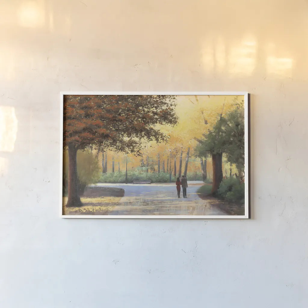 Golden Autumn Stroll by James Wiens. shown as a paper print in a white frame. Available as a archival giclee rolled canvas, fine art paper, or poster print. SKU 33148i.