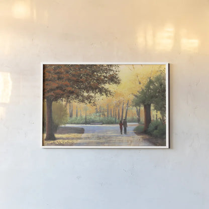 Golden Autumn Stroll by James Wiens. shown as a paper print in a white frame. Available as a archival giclee rolled canvas, fine art paper, or poster print. SKU 33148i.
