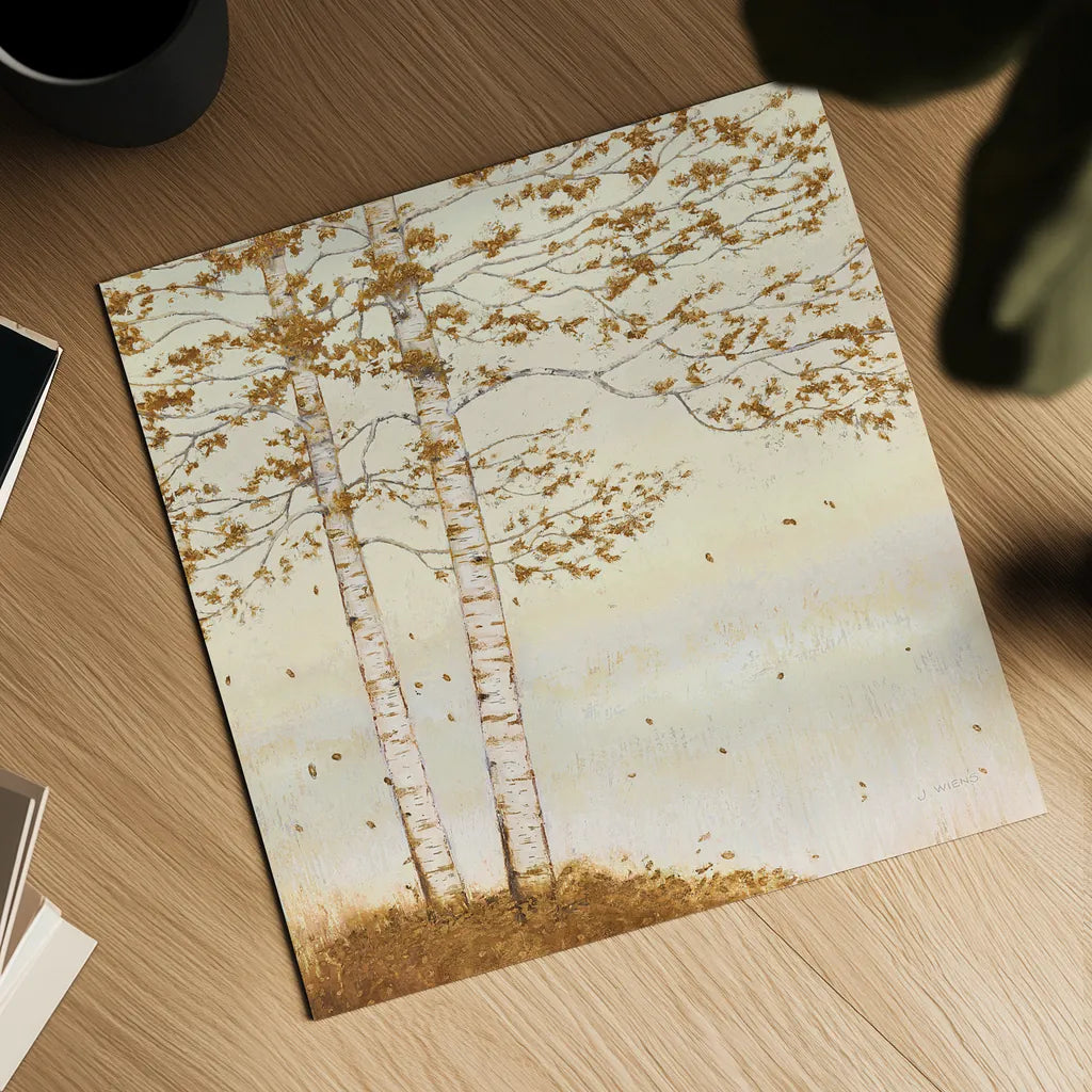 Golden Birch I Off White by James Wiens. Shown as a detailed flat fine art print, highlighting archival giclee quality. Available as an archival giclee rolled canvas, fine art paper, or poster print. SKU 28714a.