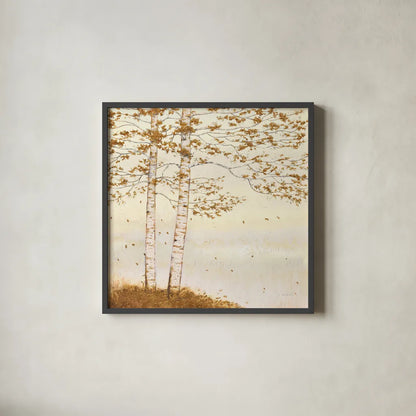 Golden Birch I Off White by James Wiens. Shown in a sleek black glass frame for a contemporary gallery look. Available as an archival giclee rolled canvas, fine art paper, or poster print. SKU 28714a.