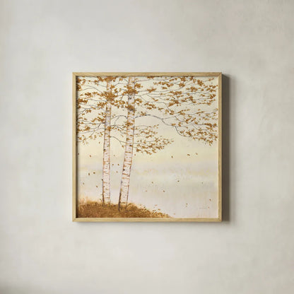 Golden Birch I Off White by James Wiens. Shown in a natural wood glass frame for a timeless modern aesthetic. Available as an archival giclee rolled canvas, fine art paper, or poster print. SKU 28714a.