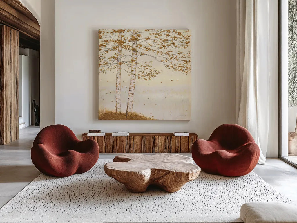 Golden Birch I Off White by James Wiens. Shown as extra-large giant wall art in a modern living room. Available as an archival giclee rolled canvas, fine art paper, or poster print. SKU 28714a.