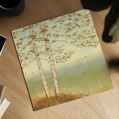 Golden Birch I with Blue Sky by James Wiens. Shown as a detailed flat fine art print, highlighting archival giclee quality. Available as an archival giclee rolled canvas, fine art paper, or poster print. SKU 10341a.