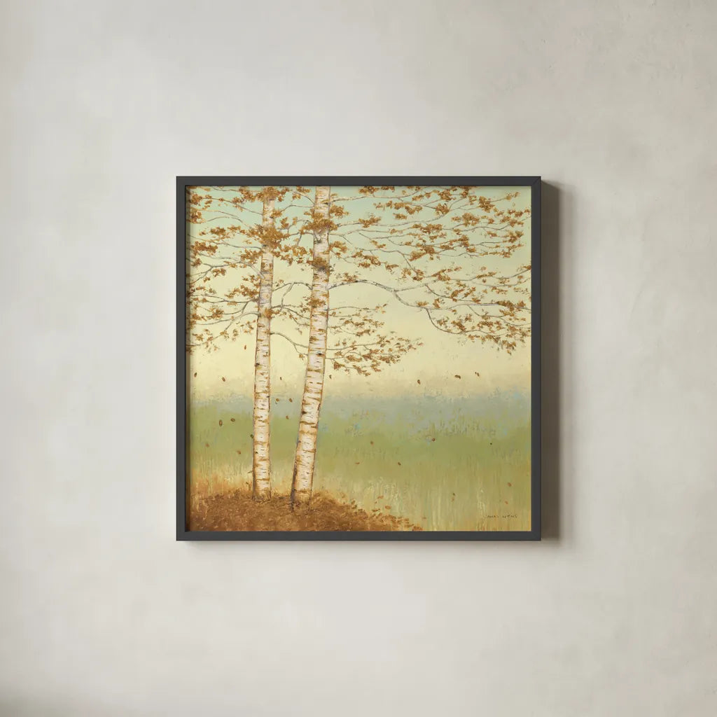Golden Birch I with Blue Sky by James Wiens. Shown in a sleek black glass frame for a contemporary gallery look. Available as an archival giclee rolled canvas, fine art paper, or poster print. SKU 10341a.