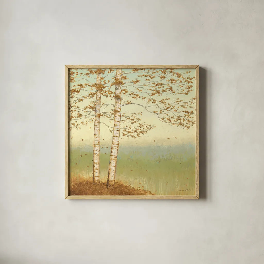 Golden Birch I with Blue Sky by James Wiens. Shown in a natural wood glass frame for a timeless modern aesthetic. Available as an archival giclee rolled canvas, fine art paper, or poster print. SKU 10341a.