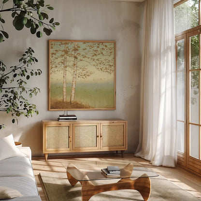 Golden Birch I with Blue Sky by James Wiens. Shown in a natural wood frame in a cozy modern living room. Available as an archival giclee rolled canvas, fine art paper, or poster print. SKU 10341a.