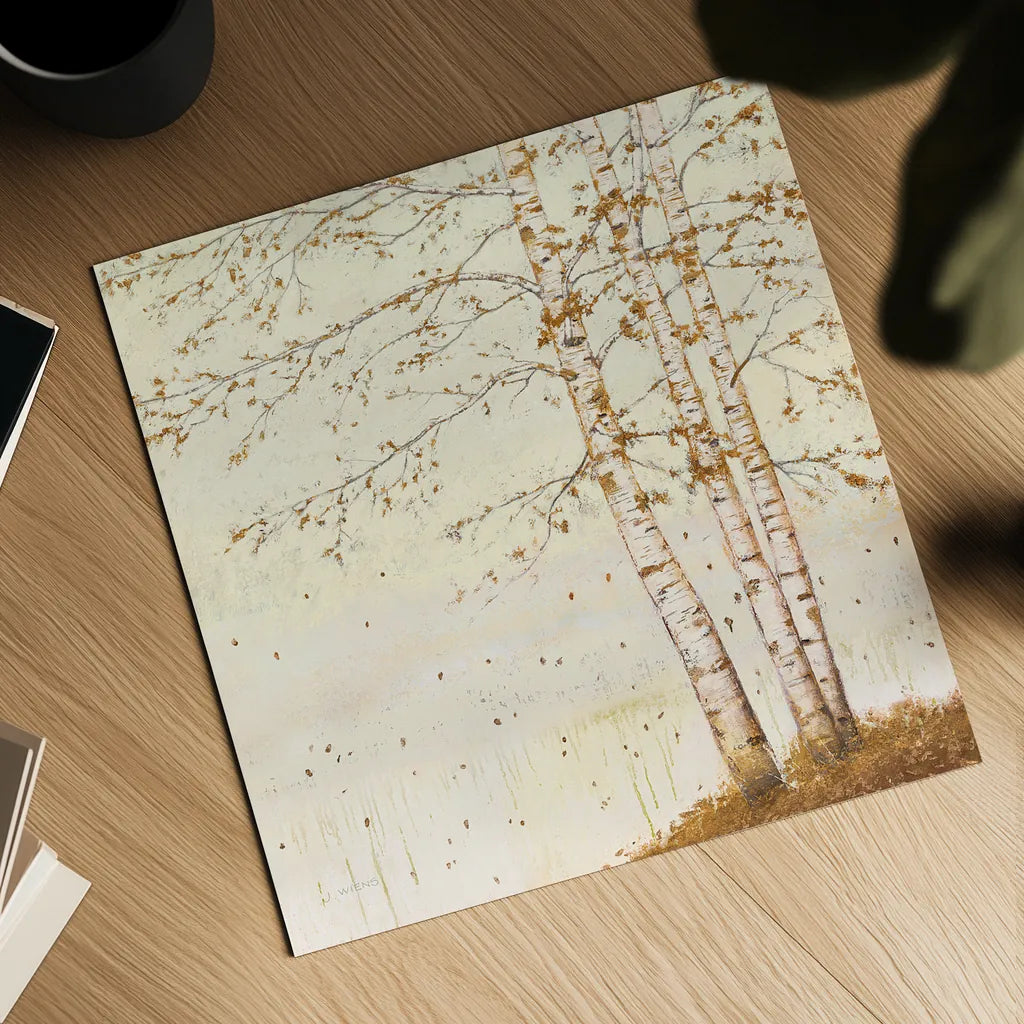 Golden Birch II Off White by James Wiens. Shown as a detailed flat fine art print, highlighting archival giclee quality. Available as an archival giclee rolled canvas, fine art paper, or poster print. SKU 28715a.
