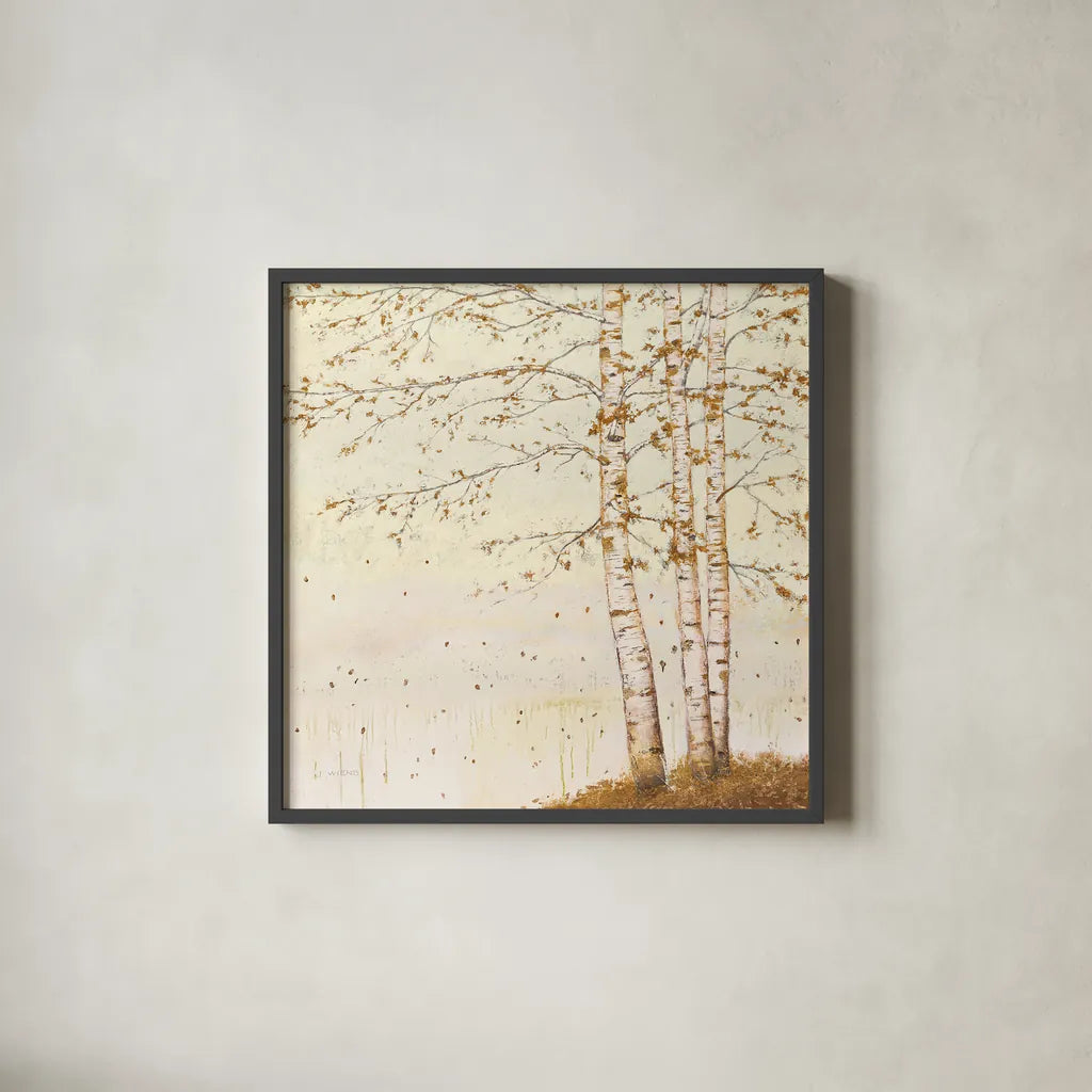 Golden Birch II Off White by James Wiens. Shown in a sleek black glass frame for a contemporary gallery look. Available as an archival giclee rolled canvas, fine art paper, or poster print. SKU 28715a.