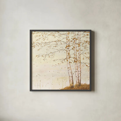Golden Birch II Off White by James Wiens. Shown in a sleek black glass frame for a contemporary gallery look. Available as an archival giclee rolled canvas, fine art paper, or poster print. SKU 28715a.
