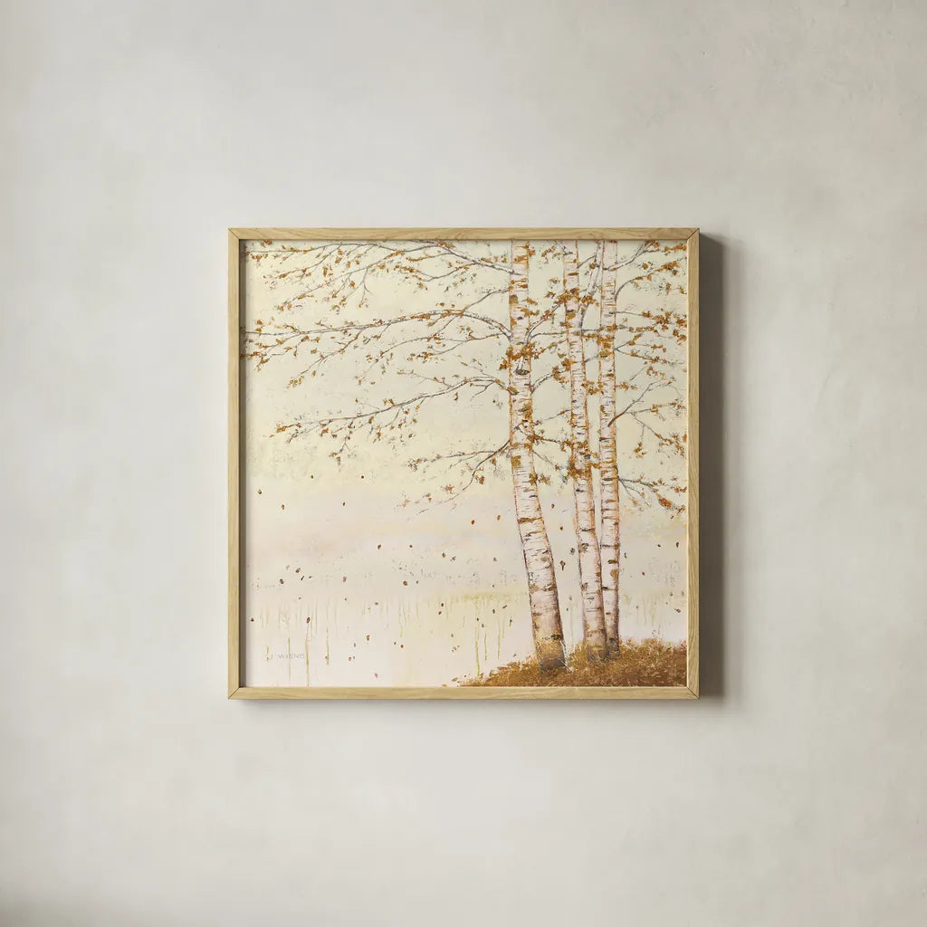 Golden Birch II Off White by James Wiens. Shown in a natural wood glass frame for a timeless modern aesthetic. Available as an archival giclee rolled canvas, fine art paper, or poster print. SKU 28715a.