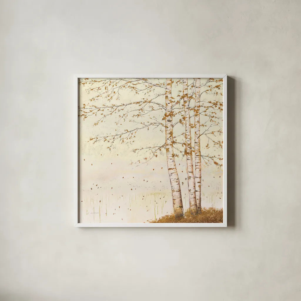 Golden Birch II Off White by James Wiens. Shown in a crisp white glass frame for a clean and minimalist style. Available as an archival giclee rolled canvas, fine art paper, or poster print. SKU 28715a.