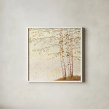 Golden Birch II Off White by James Wiens. Shown in a crisp white glass frame for a clean and minimalist style. Available as an archival giclee rolled canvas, fine art paper, or poster print. SKU 28715a.