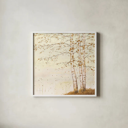 Golden Birch II Off White by James Wiens. Shown in a crisp white glass frame for a clean and minimalist style. Available as an archival giclee rolled canvas, fine art paper, or poster print. SKU 28715a.