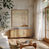 Golden Birch II Off White by James Wiens. Shown in a natural wood frame in a cozy modern living room. Available as an archival giclee rolled canvas, fine art paper, or poster print. SKU 28715a.